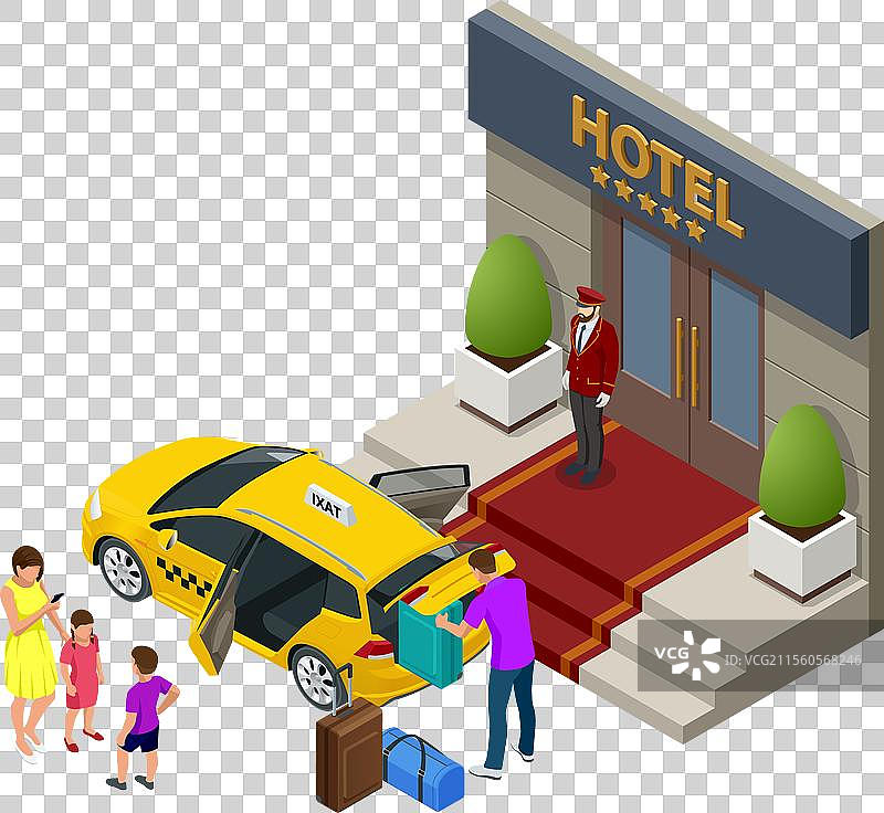 等距视角的豪华酒店入口和出租车图片素材