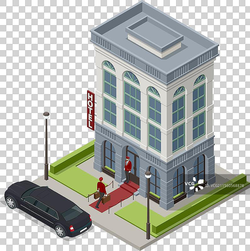 等距视角的豪华酒店入口和出租车图片素材