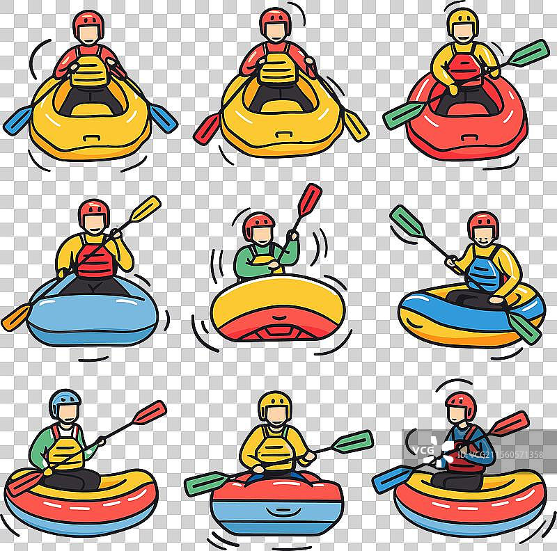 卡通皮划艇运动员划着五彩缤纷的皮划艇，穿着图片素材