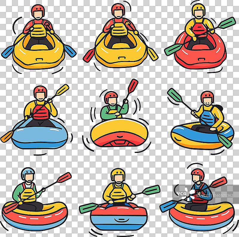 九个卡通角色在彩色皮划艇上划船图片素材