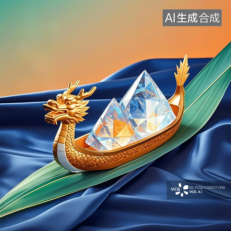 【AI数字艺术】金色的龙舟载着水晶粽子图片素材