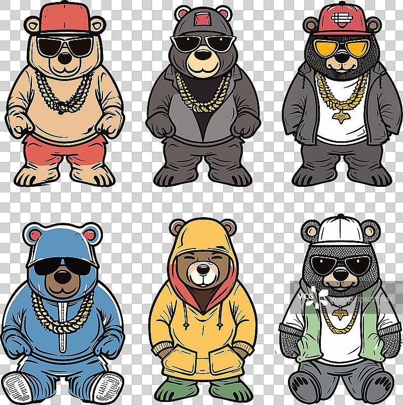六只穿着嘻哈风格、戴着太阳镜的卡通熊图片素材