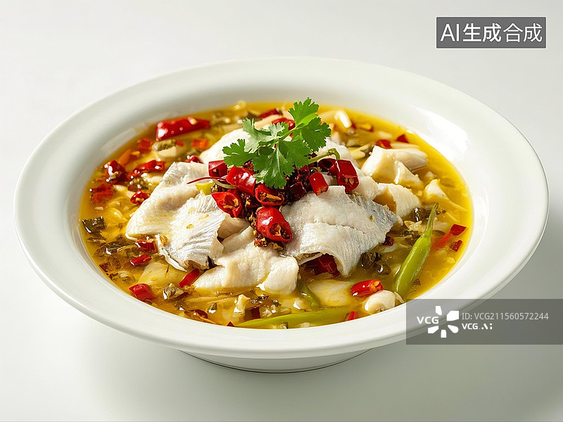 【AI数字艺术】纯色背景下一盆酸菜鱼特写图片素材