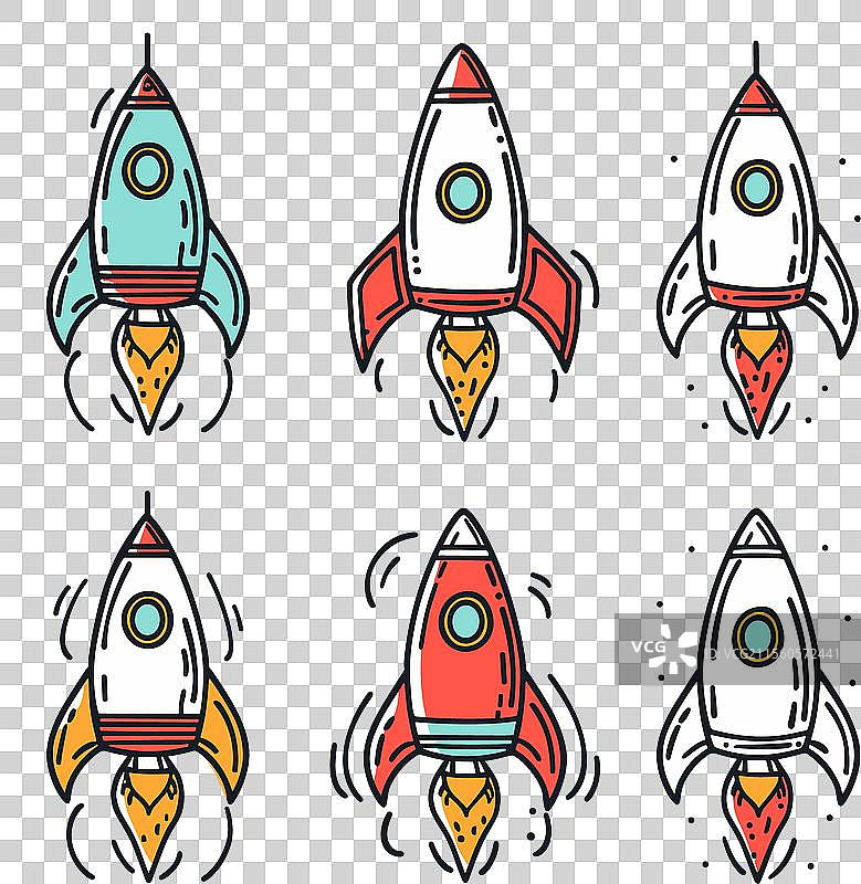 六个色彩斑斓的卡通火箭太空飞船图片素材