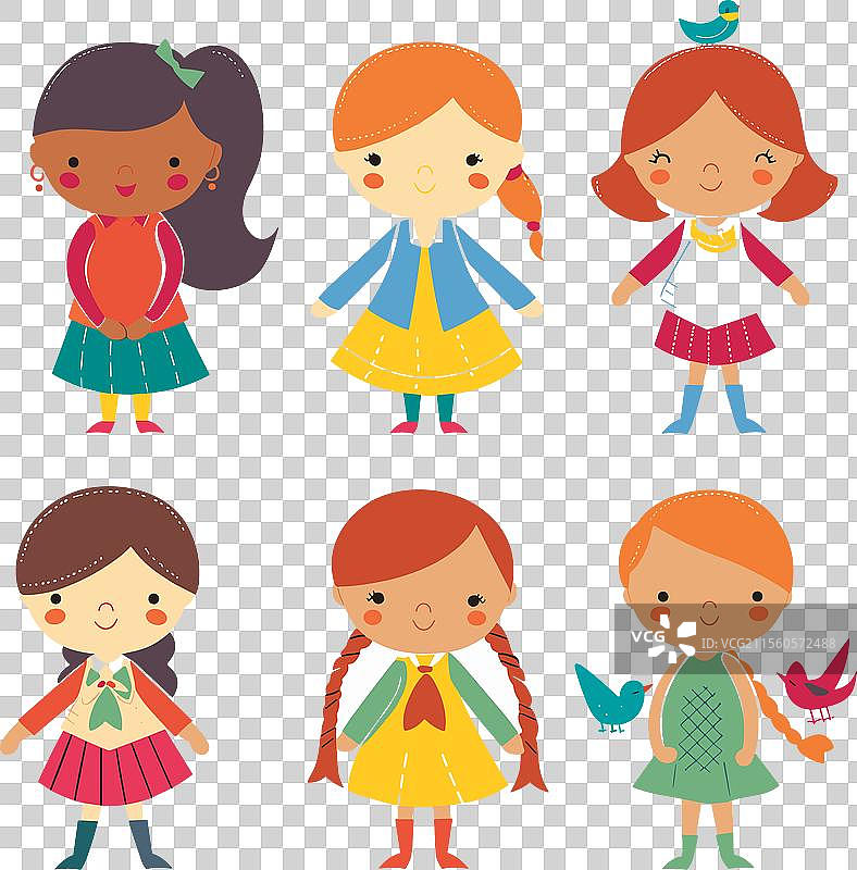 六个可爱微笑的多元化卡通女孩图片素材