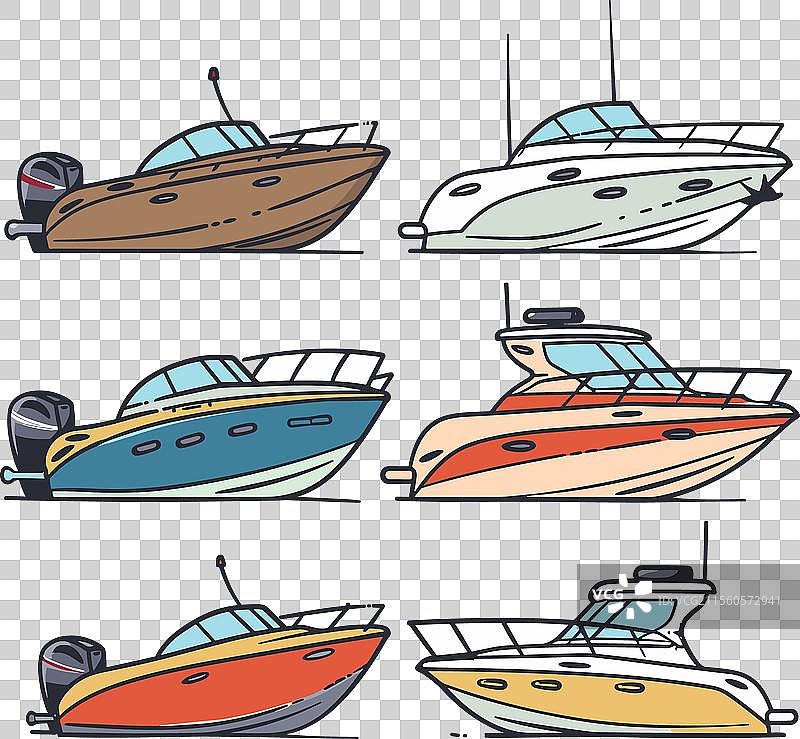 六艘风格化的船只，颜色和设计各异图片素材