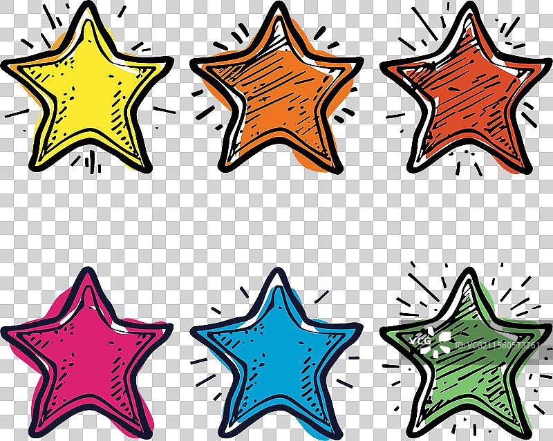 六颗色彩斑斓的卡通星星涂鸦，色彩鲜艳图片素材