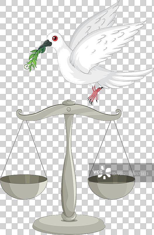 白鸽在公正的天平上叼着橄榄枝图片素材