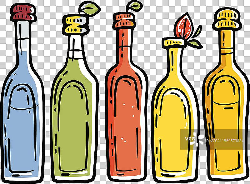 五个色彩缤纷的瓶子，手绘风格，顶部装饰图片素材
