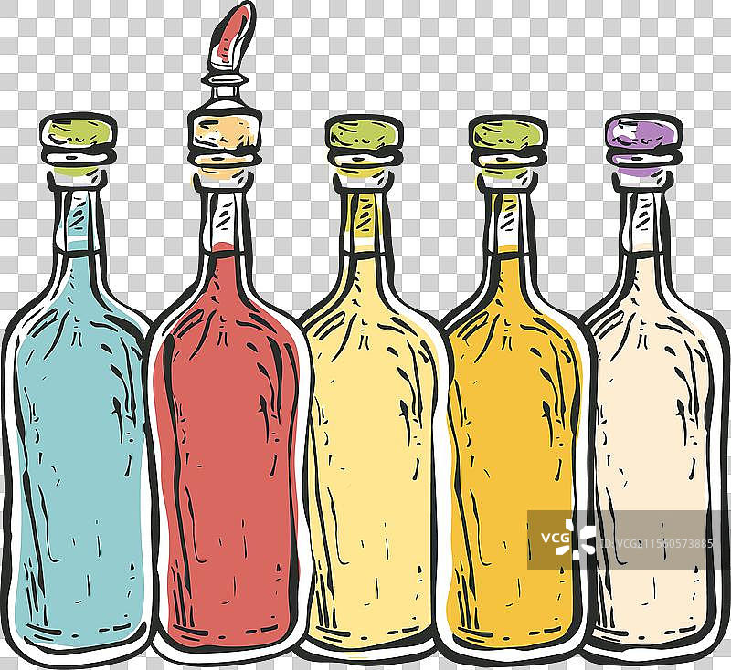 五颜六色的瓶子排成一排，一个打开的手绘图。图片素材
