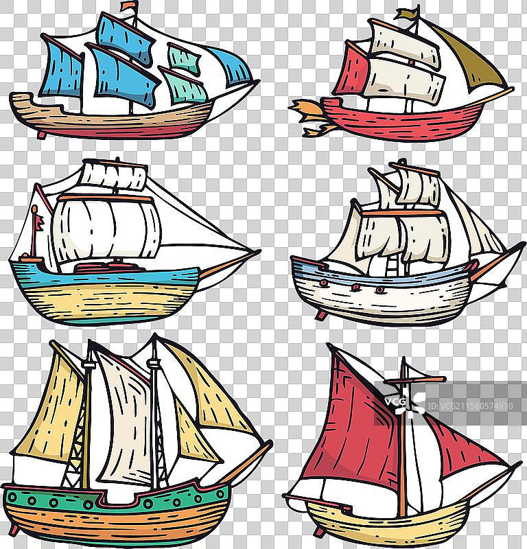 色彩斑斓的手绘帆船系列图片素材