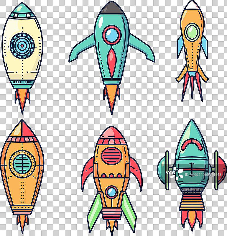 卡通火箭色彩缤纷的太空探索复古风格图片素材