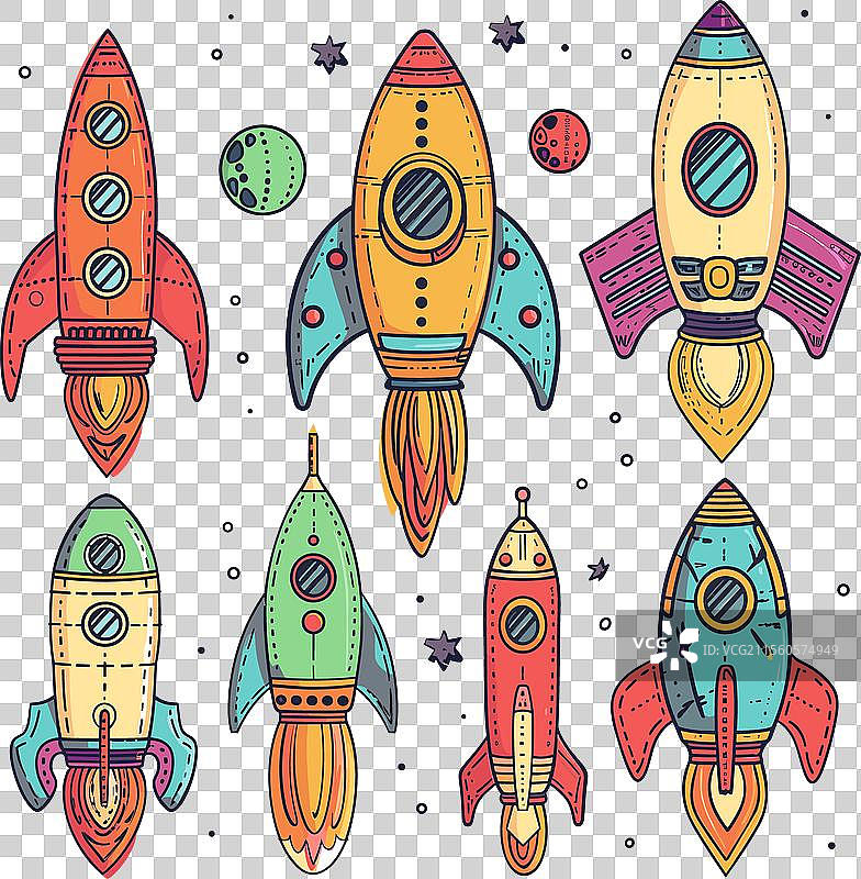 色彩丰富的手绘火箭与太空探索图片素材