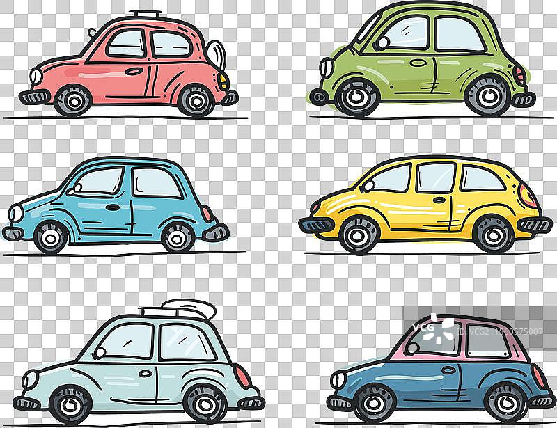 六辆色彩斑斓的卡通车并排排列在一起图片素材