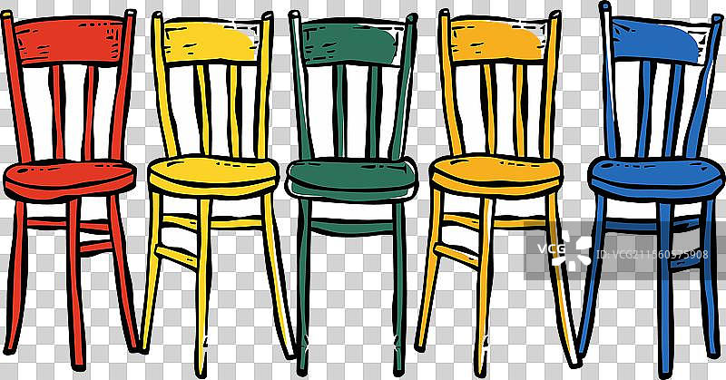 五把色彩斑斓的椅子，独特的座椅和靠背颜色图片素材