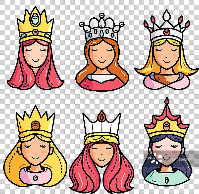 六位卡通公主佩戴着不同的王冠图片素材