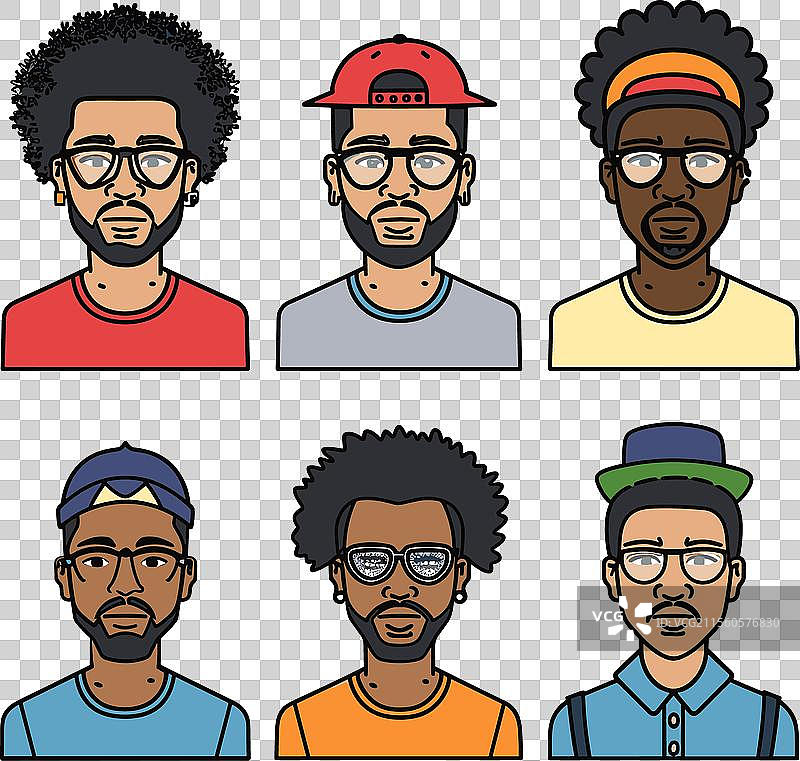 六位不同风格的非裔美国男性肖像全景图片素材