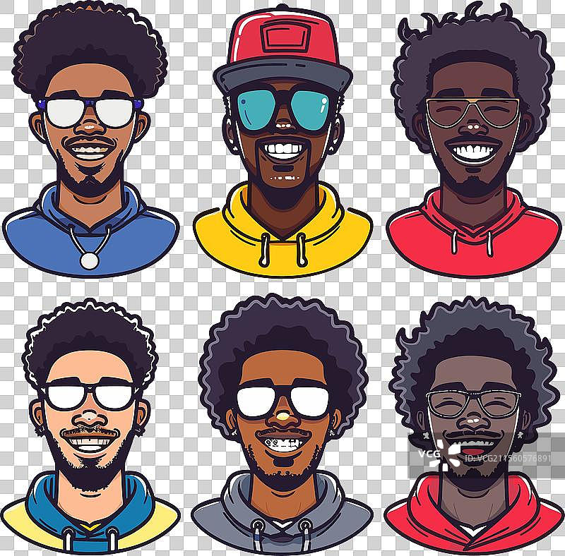 六个不同风格的非裔美国男性头像穿着图片素材