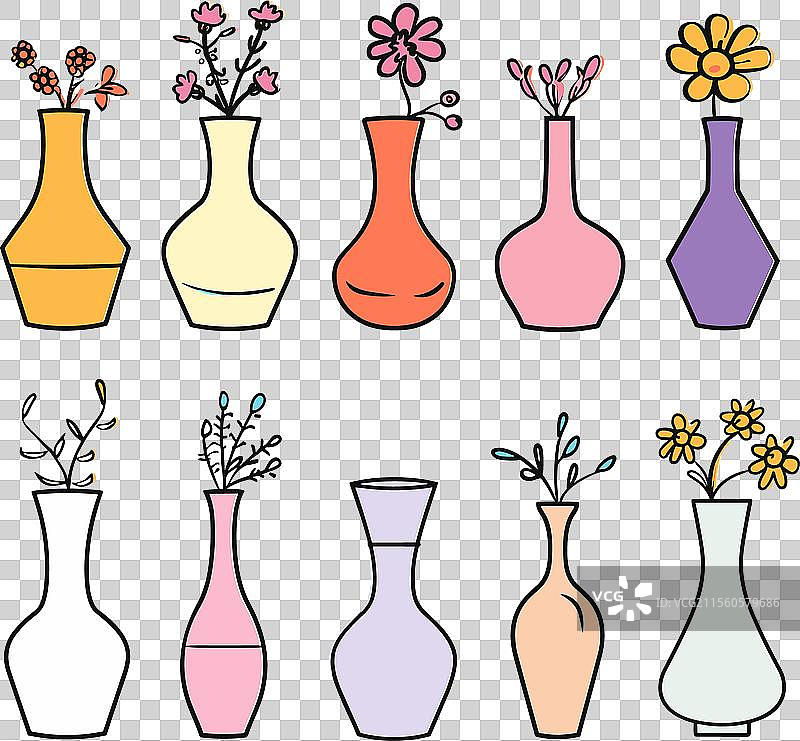 色彩缤纷的花瓶与简约风格的花卉图片素材