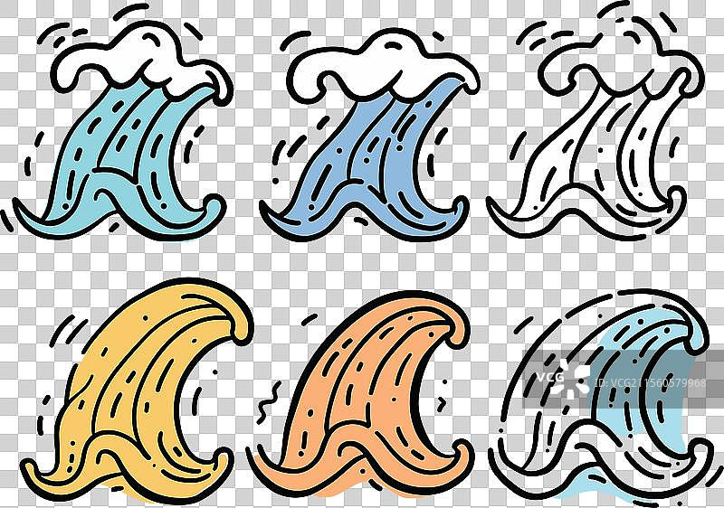 六个手绘的卡通波浪，颜色各异图片素材