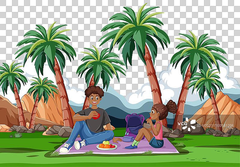 一对情侣在棕榈树下享受野餐图片素材