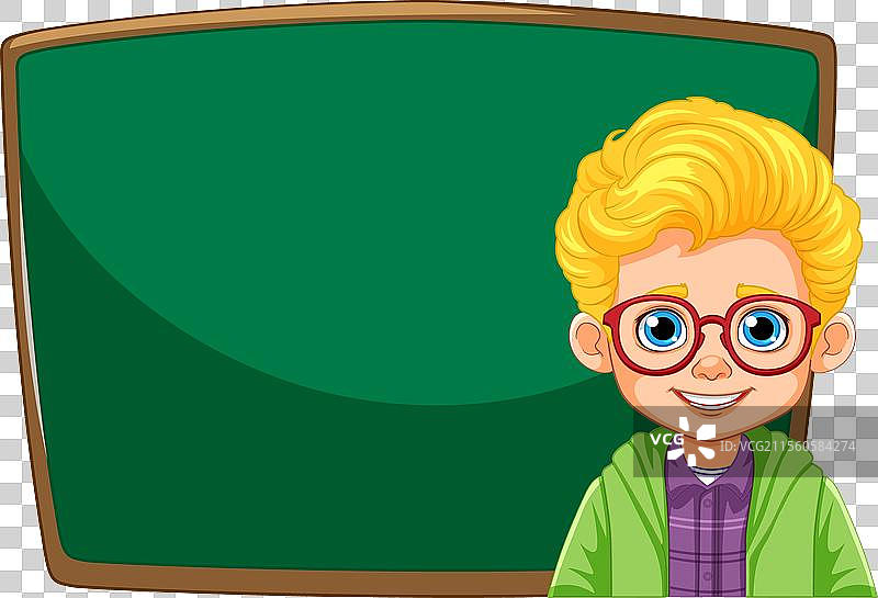 戴眼镜的卡通男孩站在黑板旁图片素材
