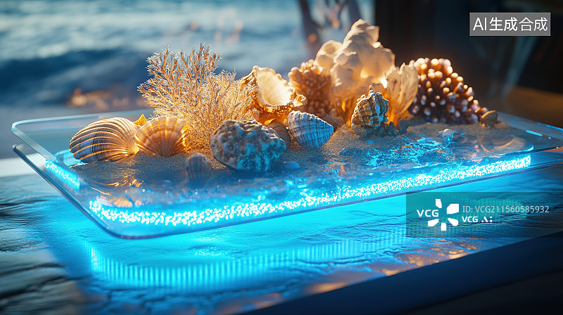 【AI数字艺术】海滨度假风格蓝色大海沙滩展台电商背景3D渲染图片素材