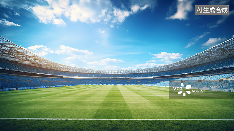【AI数字艺术】蓝天白云下空旷的大型足球场和绿色的草坪图片素材