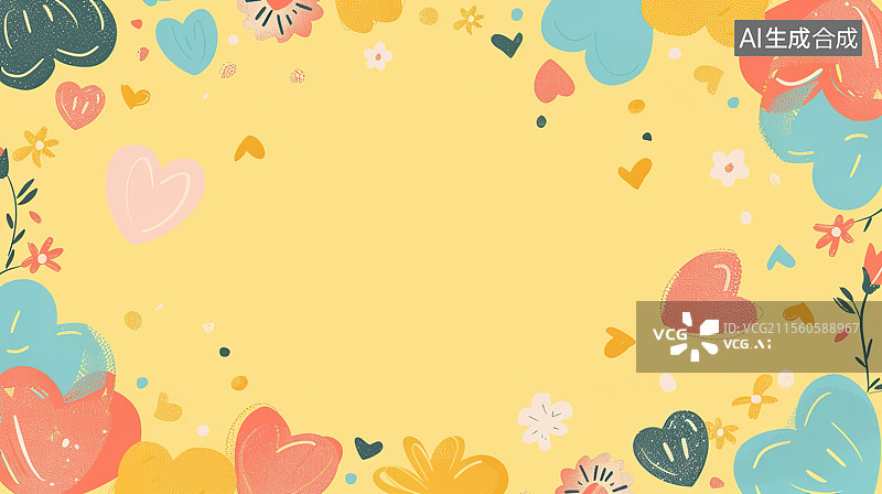 【AI数字艺术】扁平风黄色爱心和鲜花插画背景图片素材