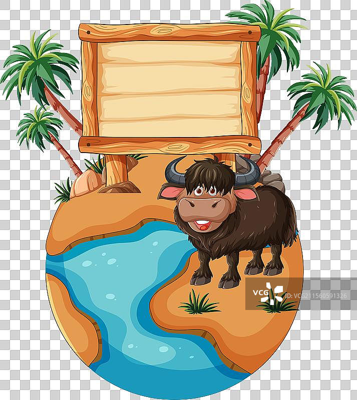 热带岛屿上，卡通牦牛旁边有一个标志图片素材