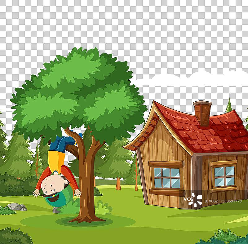 快乐的男孩倒挂在树枝上图片素材