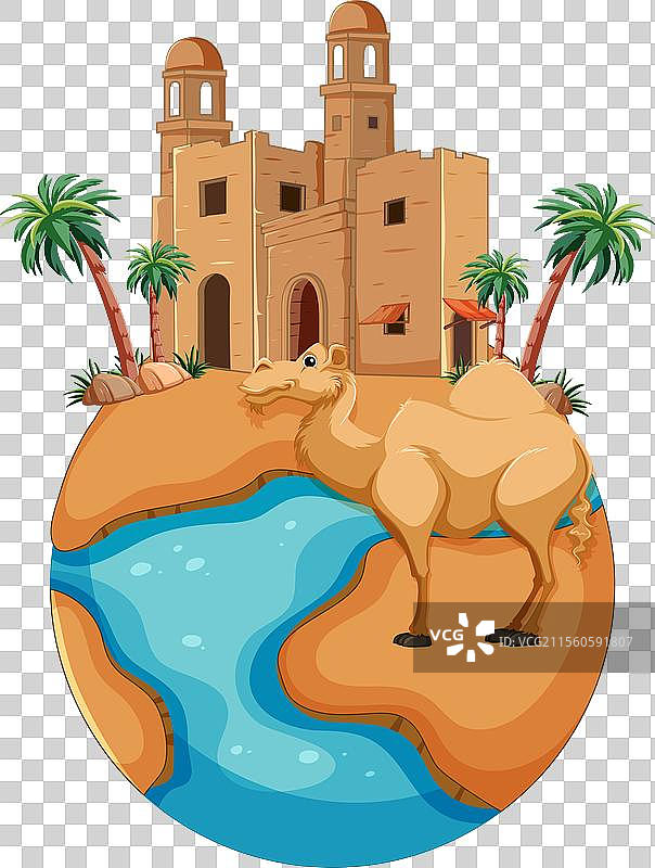 沙漠绿洲前的骆驼与棕榈树图片素材