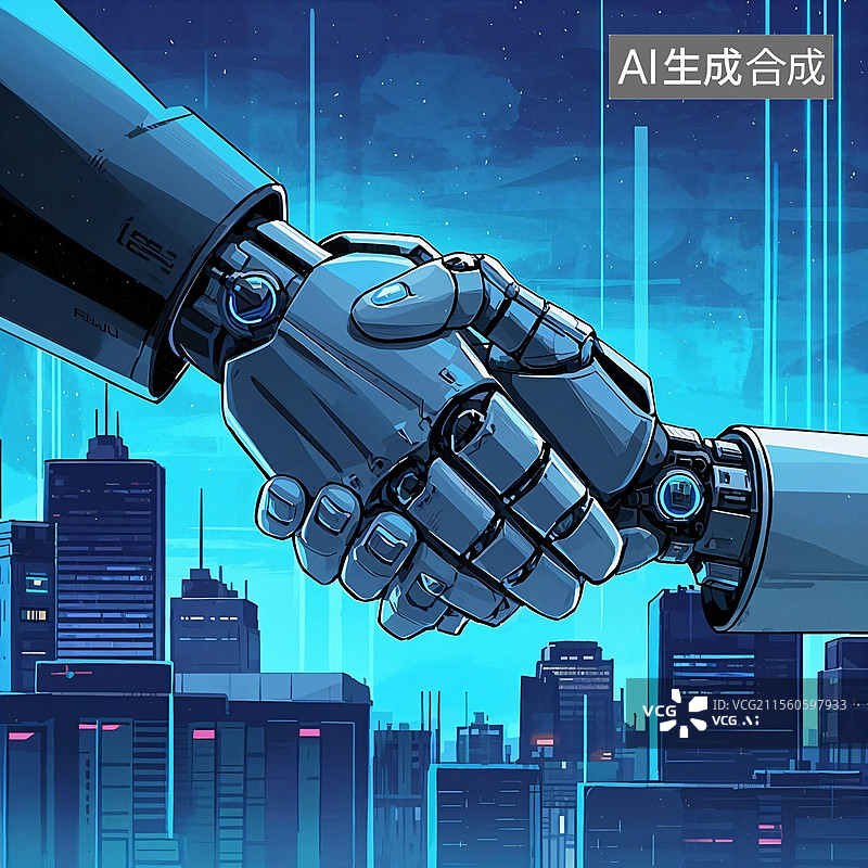 【AI数字艺术】机械与人类的握手图片素材
