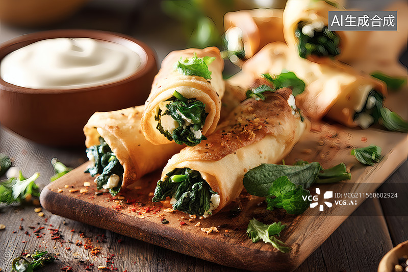 【AI数字艺术】美味菠菜卷配酱汁图片素材
