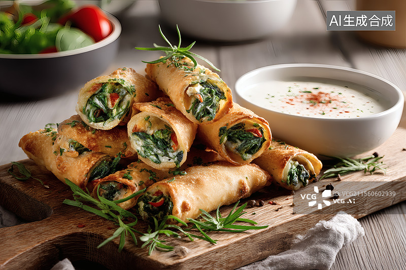 【AI数字艺术】美味菠菜卷配酱汁图片素材