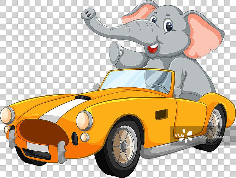 快乐的卡通大象驾驶着一辆黄色汽车图片素材