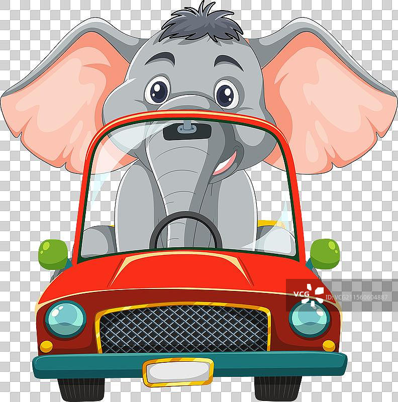 快乐的大象坐在一辆鲜艳的红色汽车里图片素材