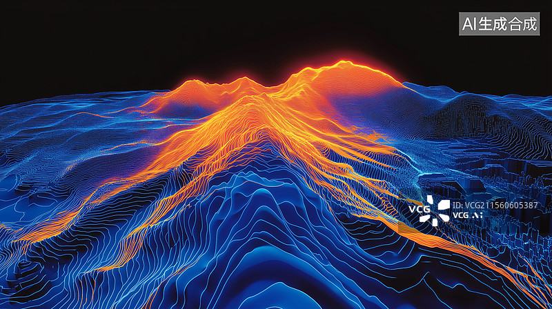 【AI数字艺术】科技感火山熔岩山脉线条背景图片素材