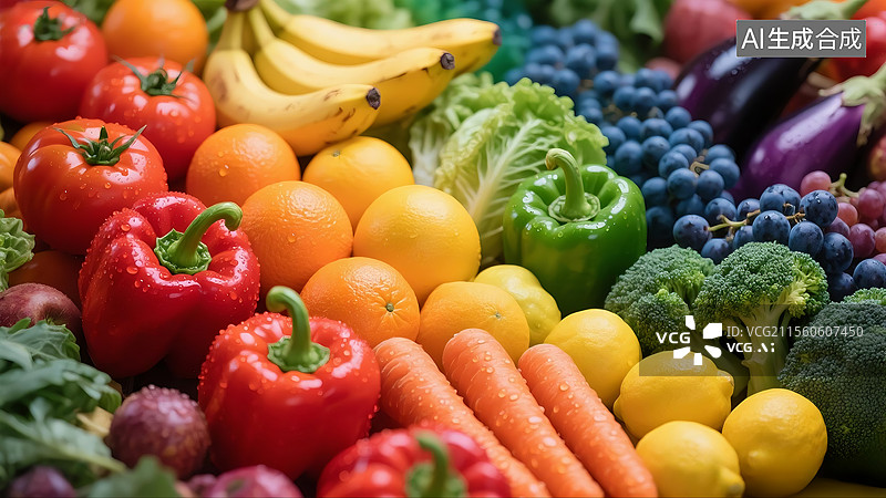 【AI数字艺术】水果蔬菜 健康食物 彩虹 色彩艳丽 丰富 有机食物 广告背景ppt 素材图片素材