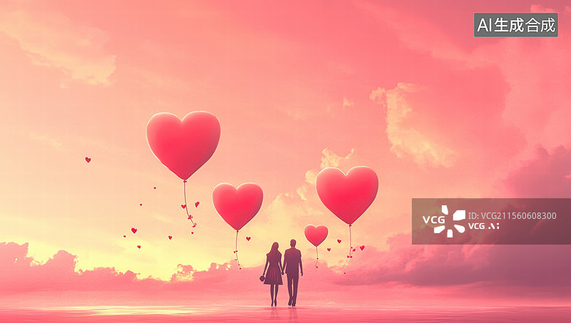 【AI数字艺术】云端漫步,心形气球相伴图片素材