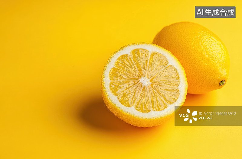 【AI数字艺术】黄色背景下成熟新鲜的黄色柠檬橙子图片素材