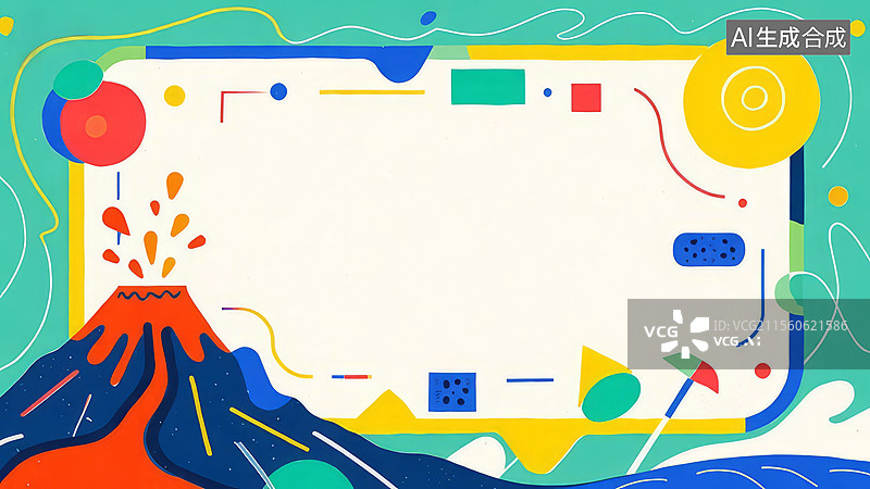 【AI数字艺术】2D卡通环绕-火山喷发与几何图形背景图片素材
