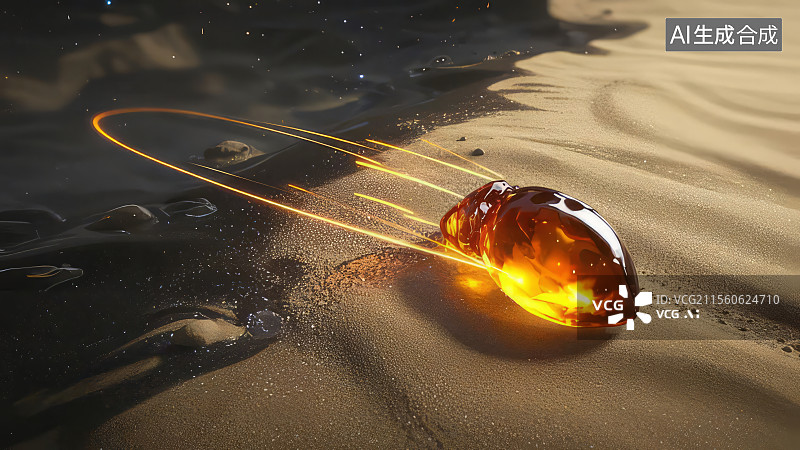 【AI数字艺术】发光的琥珀状物体在沙漠中图片素材