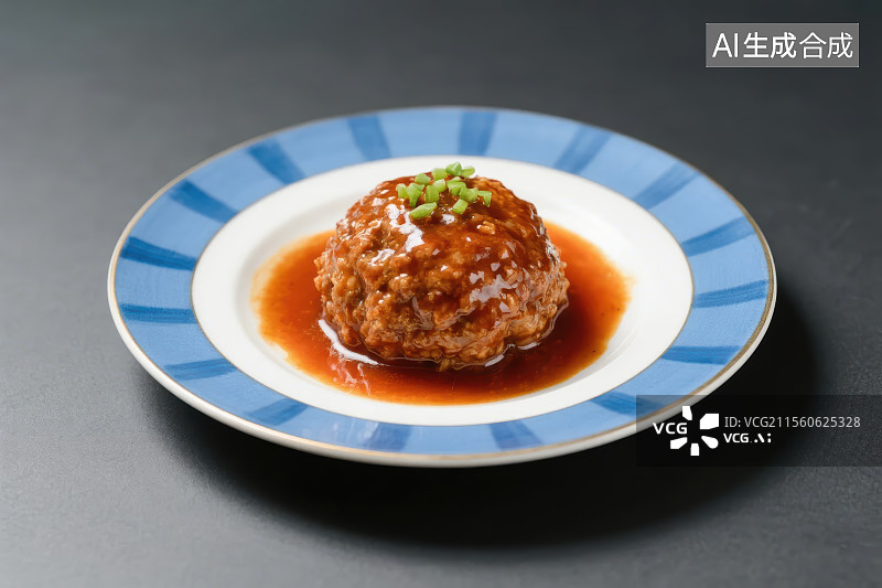 【AI数字艺术】陶瓷盘子里的红烧狮子头图片素材