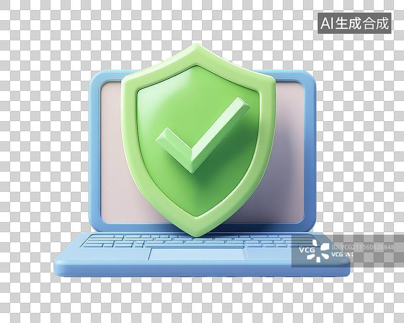 【AI数字艺术】3D渲染免扣图元素笔记本电脑绿色金融理财安全盾牌，互联网金融网络安全免抠元素图片素材