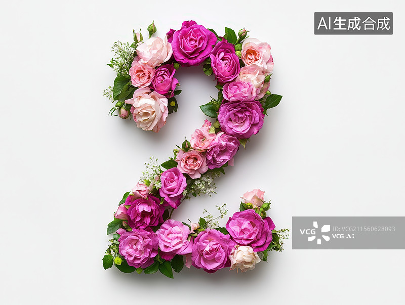 【AI数字艺术】白色背景下的由鲜花玫瑰花组成的数字“2”图片素材