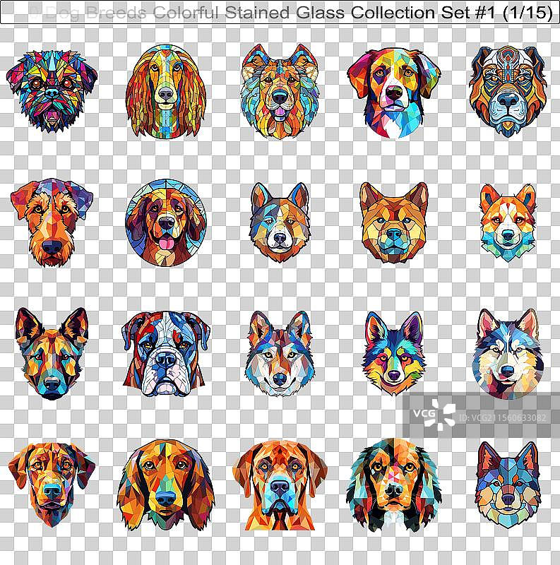 色彩斑斓的狗品种彩绘玻璃可爱狗狗图片素材