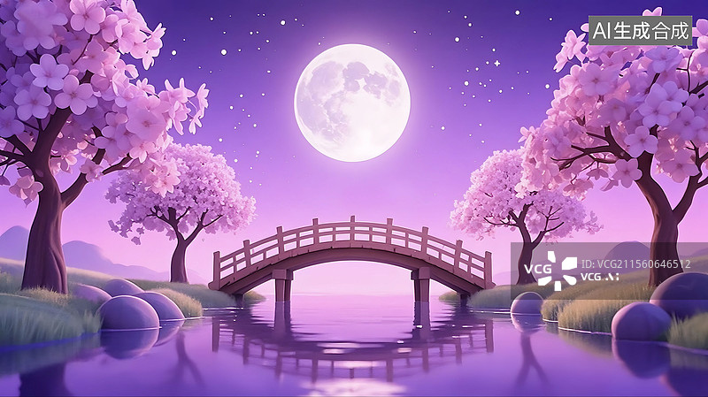 【AI数字艺术】3D三维C4D七夕节中秋节情人节新中式中国文化传统节日国风拱桥星空满月月亮赏月樱花浪漫紫色背景壁纸图片素材