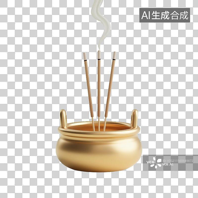 【AI数字艺术】3D渲染，中国风香炉，铜香炉，清明节祭祀祭奠，焚香，沉香，香道，香文化，免抠元素图片素材