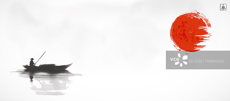 水面上孤独船夫的水墨画图片素材